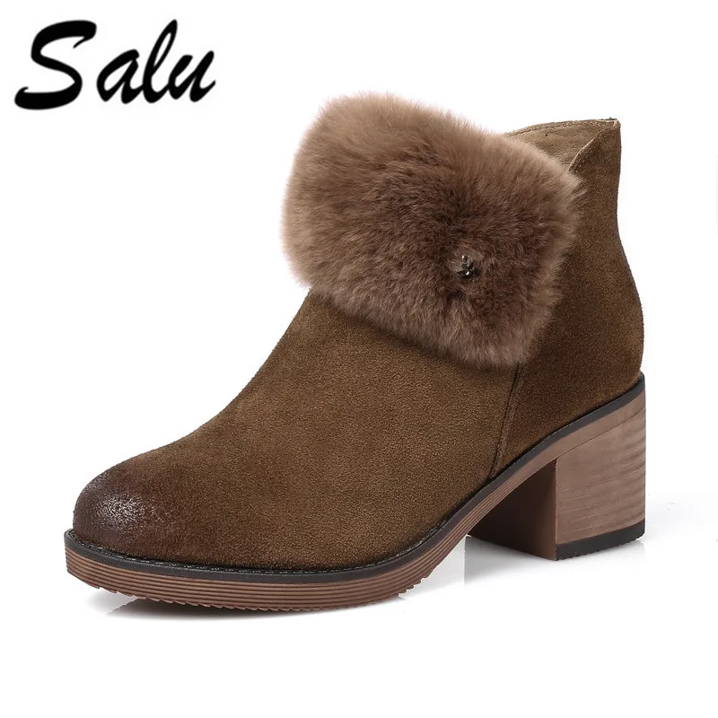 

Salu Woman Natural Leather Ankle boots 6cm High Heels Shoes Winter with Wool Fur Inside And Autumn with Plush