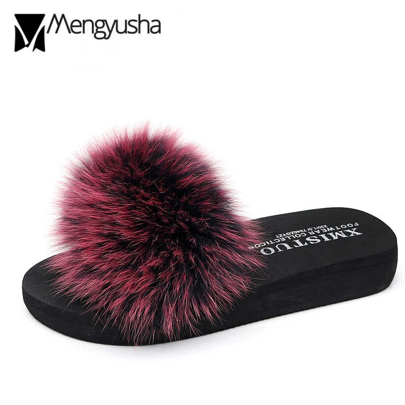 

designer fur slippers women summer platform sandals colorful fur ball flip flops 2018 beach sandals home slides wedges shoesc335