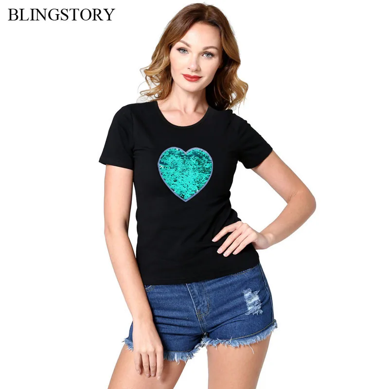 

BLINGSTORY Round Neck Short Sleeve T Shirts For Women Plus Size Tops Streetwear Reversible Sequin Love Heart Cotton T-shirt