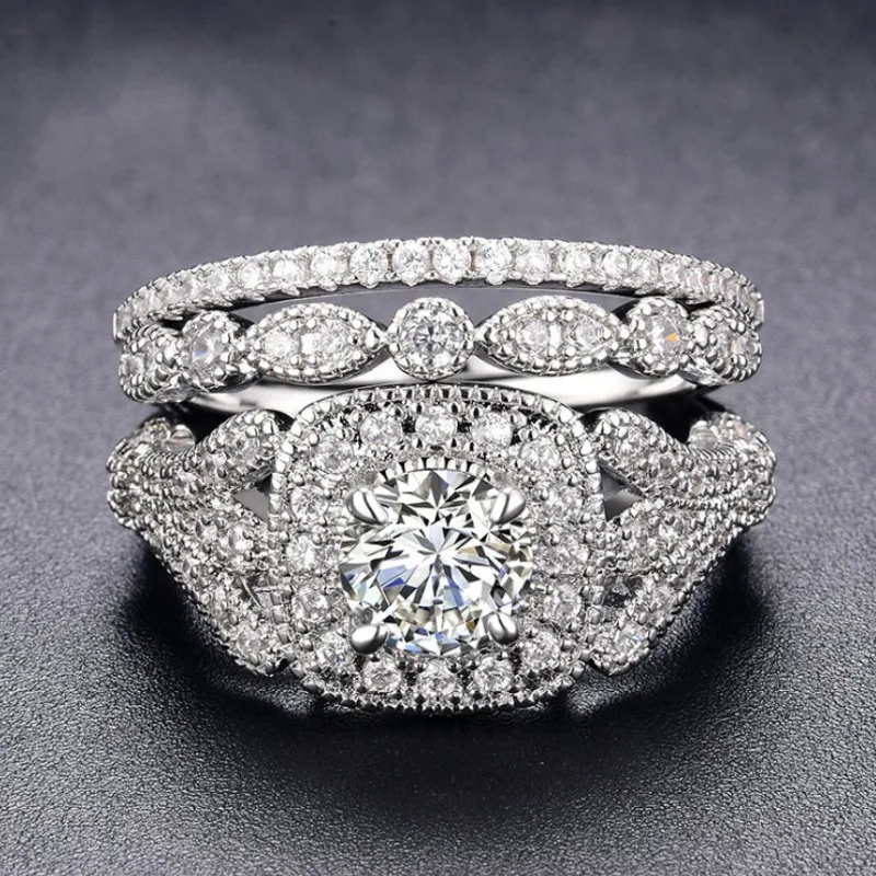 

Sparkling Vintage Fashion Jewelry 925 Sterling Silver Round Cut 5A Cubic Zirconia CZ Party Promise Women Wedding 3 IN 1 Ring Set