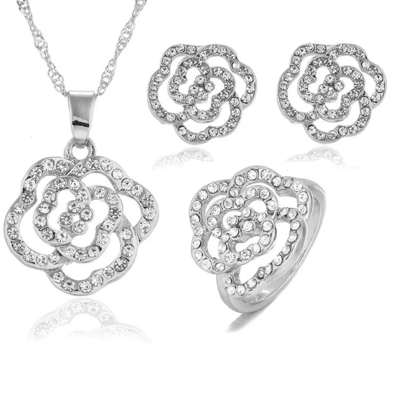 Clearance Sale Jewelry Sets For Women Party Trendy Jewellery Sets Flower Shape Silver Rose Gold ...