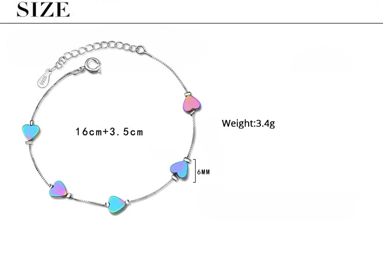 Очаровательные милые цветные браслеты из стерлингового серебра в форме сердца для женщин, модные ювелирные изделия в Корейском стиле