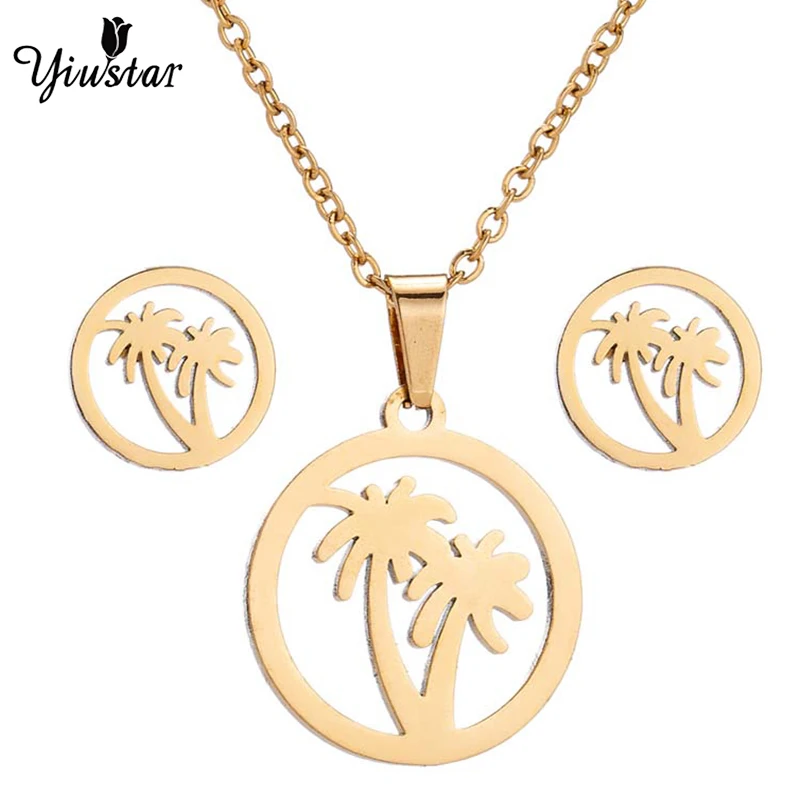 

Yiustar Mini Coconut Tree Large Size Jewelry set Bead Necklace Earrings for Women Gold Sliver Color Micronesia Hawaii Marshalls