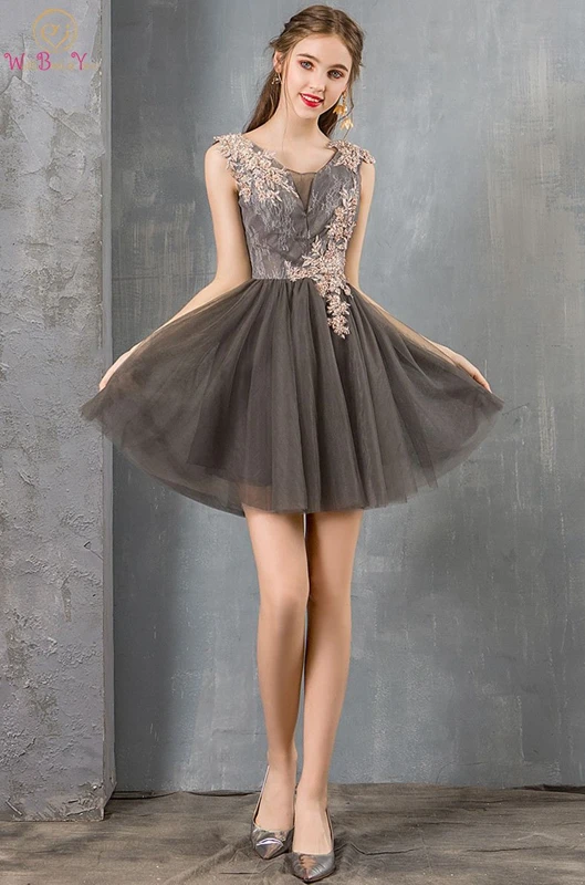 

Gray Short Prom Dress 2019 Newest Mini Above Knee Length A-line Square Neck Appliques Beading Sequined Tulle Party Evening Dress