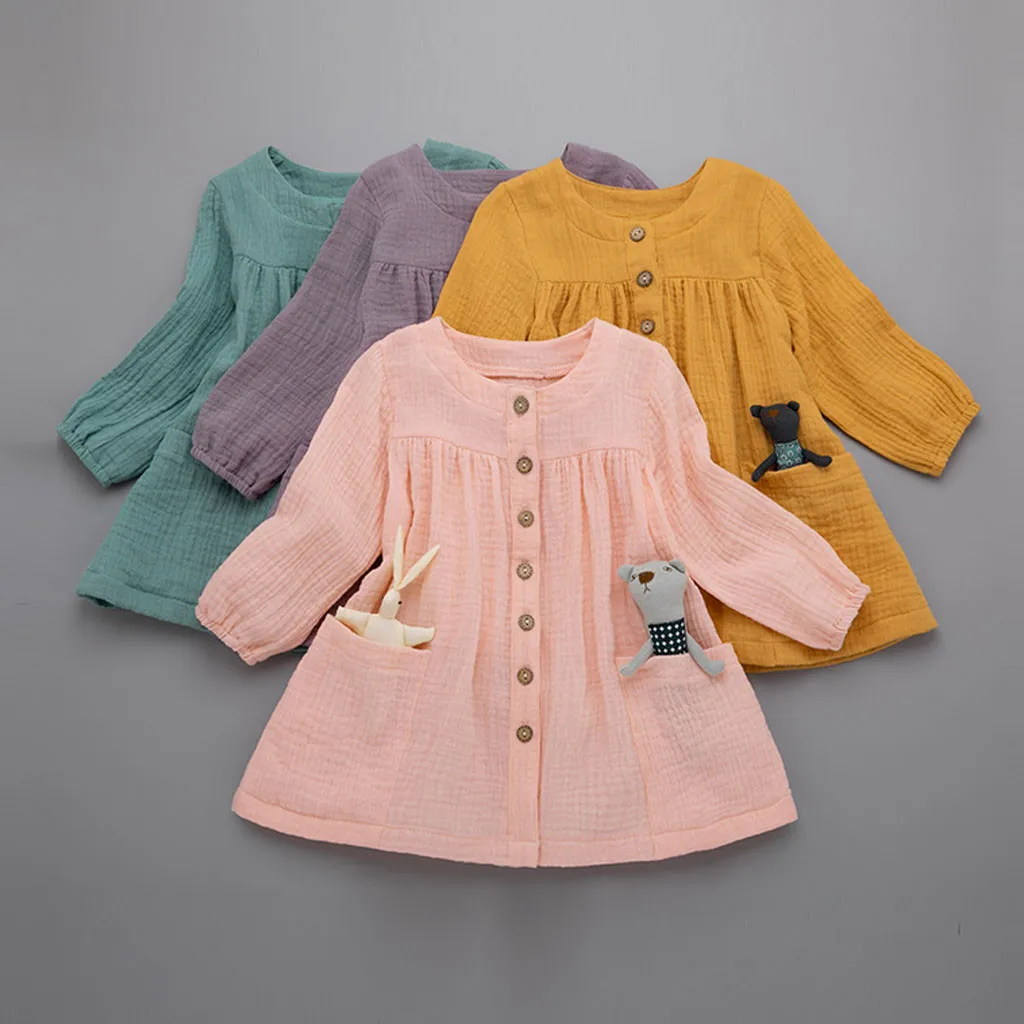

Summer Small Fresh Toddler Kids Baby Girls Long Sleeve Solid Ruffled O-Neck Button Children Casual Party Princess Dress 2019