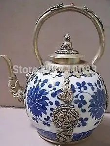 

Vintage Handwork Teapot For Chinese Oriental Tibet Silver dragon Blue White Porcelain teapot Antique Metal Wholesale