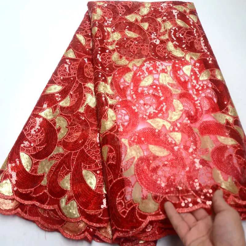 

5 yards Tulle lace Red & Gold African french lace soft organza fabric with allover sequins for wedding dress QG881
