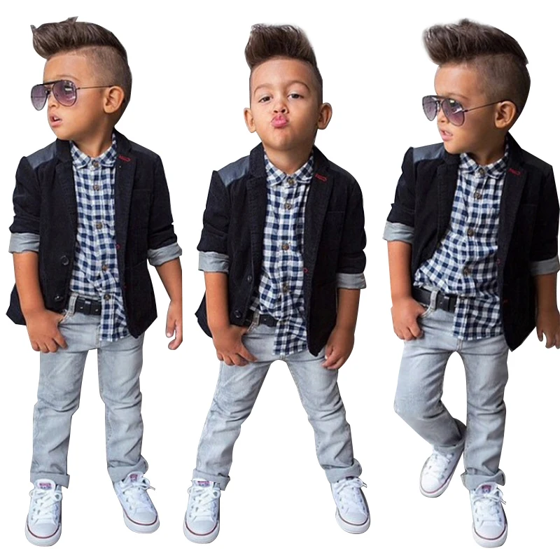

Spring Autumn Children Boys Clothing Sets Baby Boys Suit Set Black Jacket Coat + Plaid Shirt + Denim Pants 3pcs Kids Clothes Set