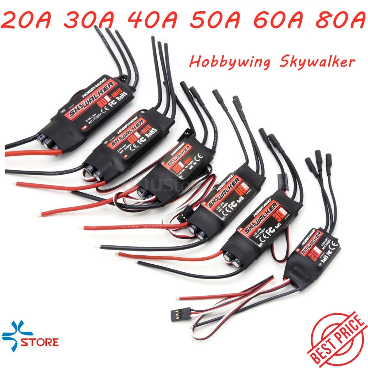 

Hobbywing SkyWalker 15A 20A 30A 40A 50A 60A 80A ESC Бесщеточный Регулятор скорости с BEC для RC FPV квадрокоптера Skywalker самолета