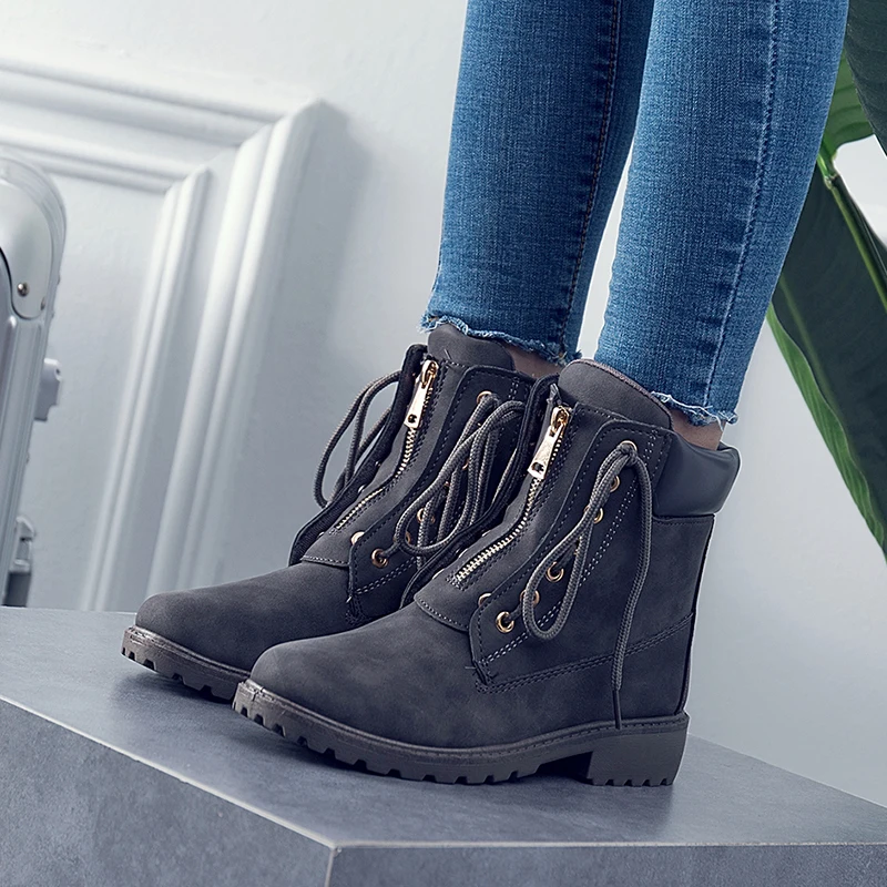 

COOTELILI Brand Women Motorcycle Boots PU Leather Boots Lace up Casual Shoes Woman Ankle Boots Girls Female Botas 35-41