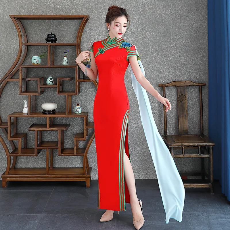 Вышивка негабаритных 4XL элегантные атласные ручной работы кнопки Сельма традиционное китайское Ципао женское платье винтажные женские