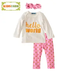 2017 детская одежда для девочек весенний Комплект «Hello World» футболка с надписью + штаны в горошек + повязка на голову, 3 шт. девочки; дети