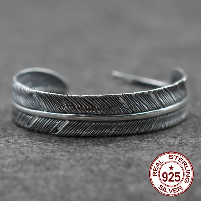 

Sterling Silver Open Bangle personalized retro fashion Indian feather style high-end carved simple bracelet to send a gift