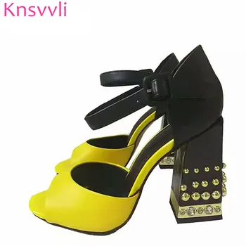

Studded Chunky High Heels Yellow Women Pumps Sweet Peep Toe Jewelled Block Heel Summer Shoes Candy Color Zapatos Mujer 2019
