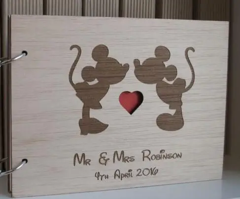 

Customize Mickey Minnie Rustic wedding guest album engraved Wooden guestbooks Reception party favors decorations guest books