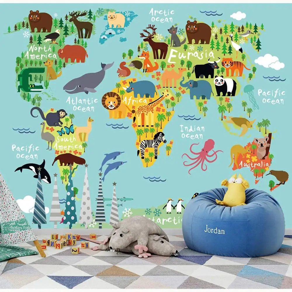 

Children's Room Wall Paper Stickers Cartoon Animal World Map Photo Wallpaper Mural 3D Behang Self Adhesive Vinyl/ Silk Wallpaper