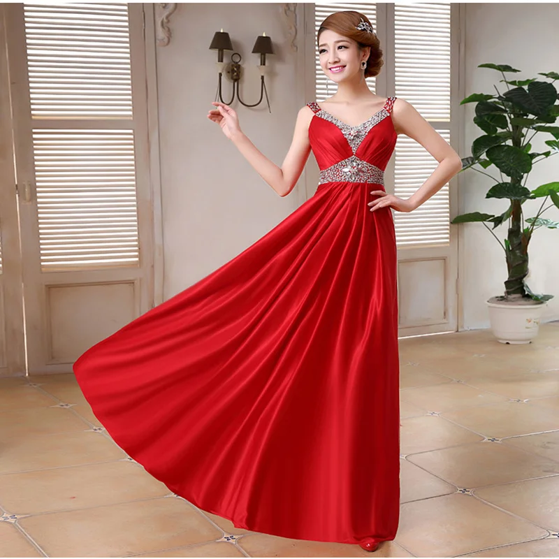 

Long V Neck Evening Dress Party Dress For Wedding Sexy Sling Sleeveless Rhinestones Open Back Prom Dresses Formal Gowns