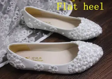 Средний каблук Свадебные туфли с кружевными цветами Белый Женская мода Весна-осень кружева brdial невест обувь леди сладкий вечерние кружевные туфли-лодочки - Цвет: flat heel