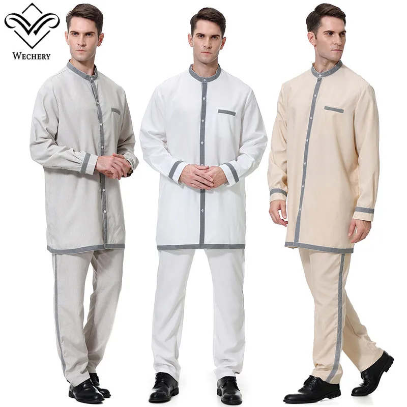 Wechery S-3XL костюмы мужские Мусульманский Стиль двойка топы и штаны комплект серый белый бежевый с длинным рукавом карманом jubba thobe