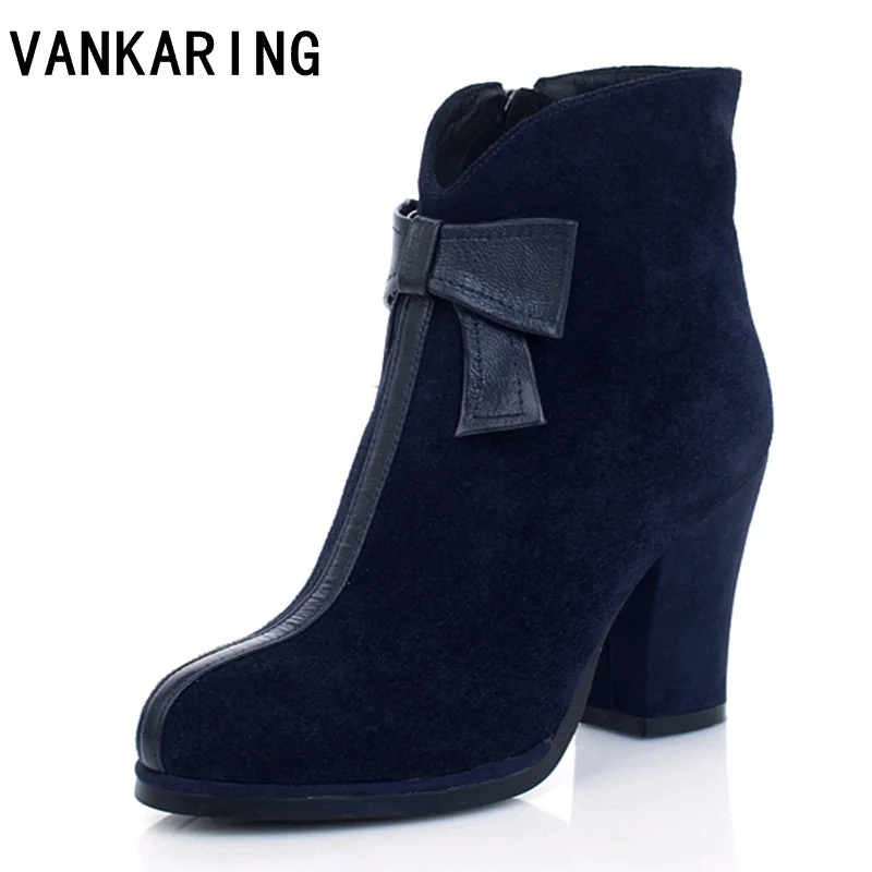 

VANKARING shoes 2018 new fashion genuine leather women autumn winter ankle boots high heels zipper black blue women dress boots