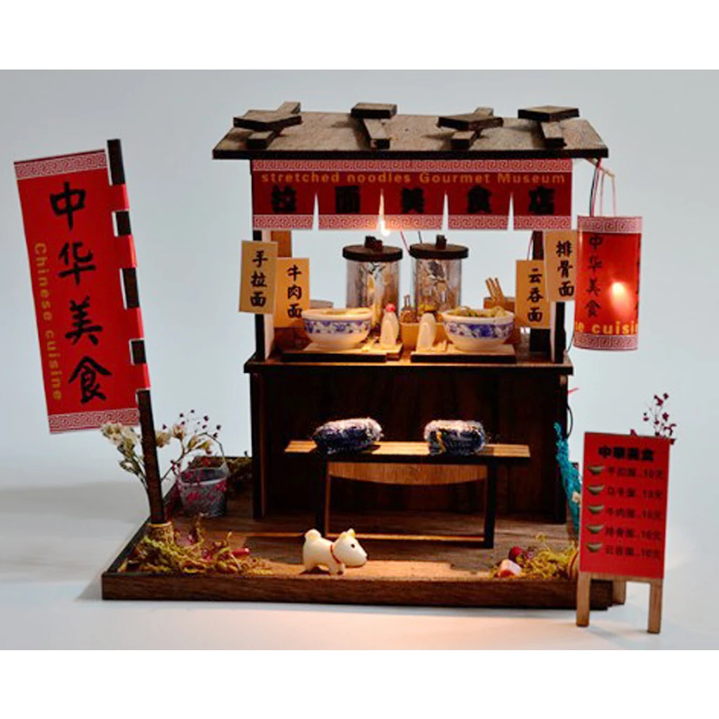 DIY Handcraft Miniature Project Wooden Dolls House Antique Handpulled Noodles Shop with LED Lights Furniture Home Decor