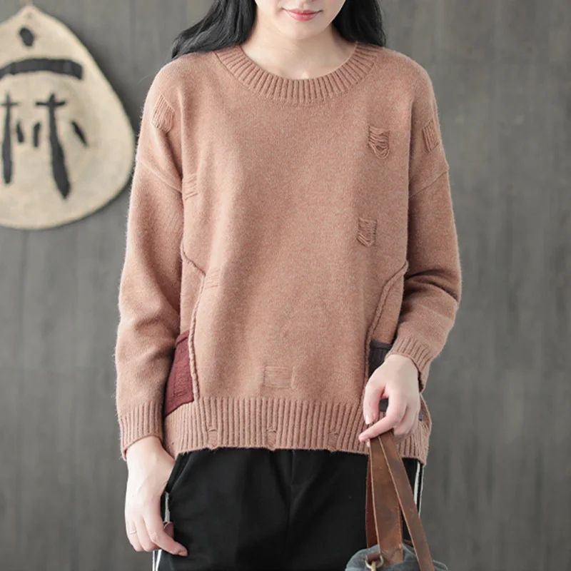 Johnature Women Autumn Pullover Sweater O-Neck Long Sleeve Patchwork 2018 Fall New Knitted Cotton Pockets 3 Color Women Sweaters