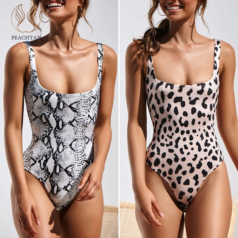 

Peachtan Leopard print bodysuit one-piece High cut swimwear women Snakeskin sexy bathing suit Push up swimsuit 2019 Monokini