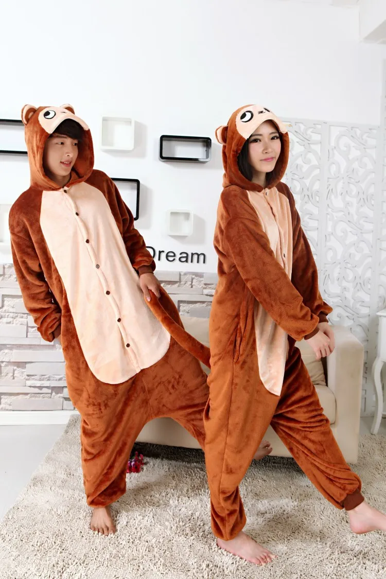 

Winter Brown Monkey Onesies Flannel Pajama Sets Adult Unisex Cosplay Costume Animal Pyjamas Homewear All in One Suit
