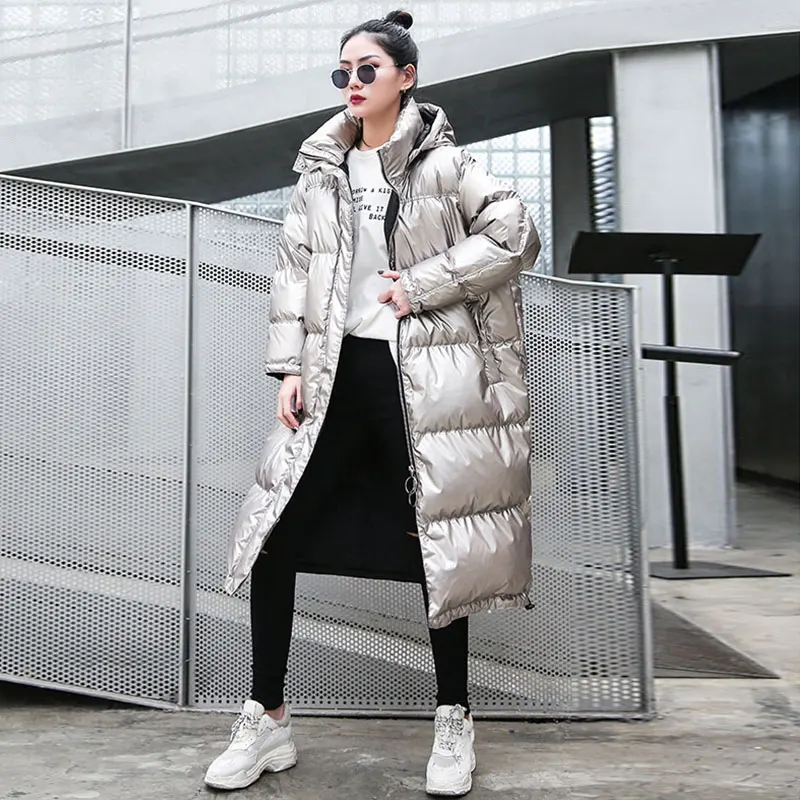 Long Silver Jackets Women Parka Winter Warm Outerwear Fashion Bright Cotton Coat Ladies Winter Loose Down Jacket Thick T399