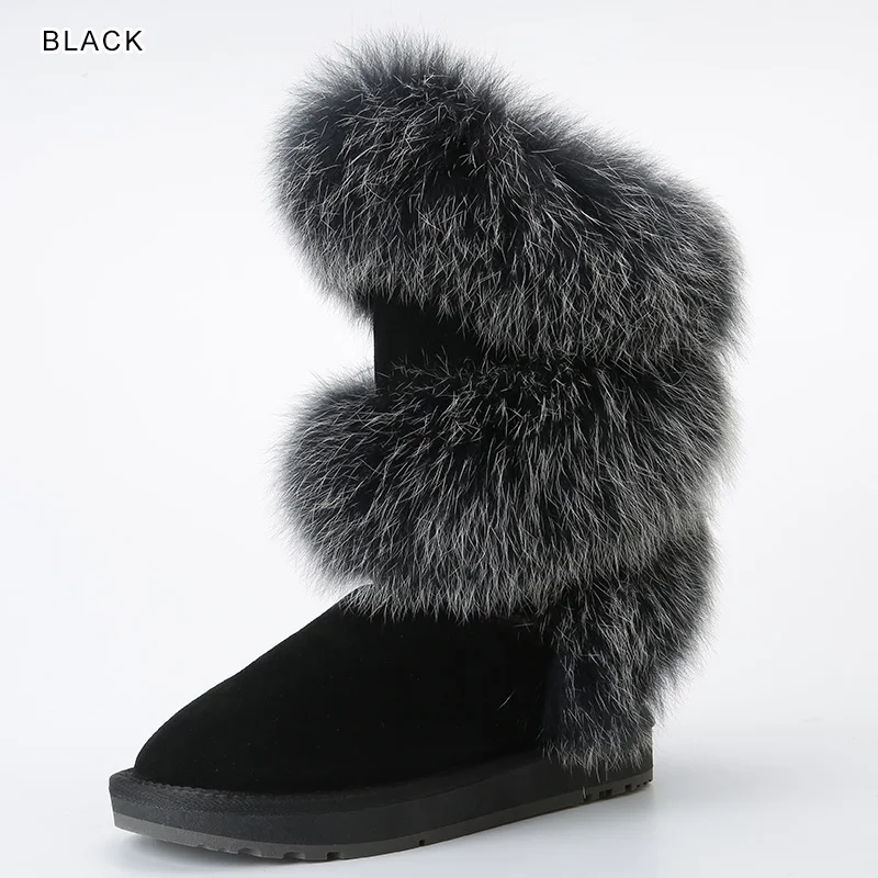 INOE/Роскошные модные женские зимние сапоги из мягкой лисьего меха; зимняя обувь из овечьей замши с меховой подкладкой; Цвет черный, серый - Цвет: Black