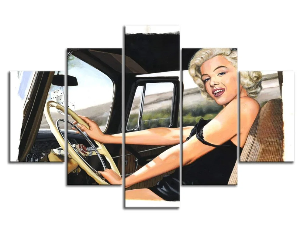 Classical Comics Marilyn Monroe Sit in the Car Paintings on Canvas 5 Panel Pictures Modern Artwork for Wall Home Living Room Bedroom Decor Wooden Framed(60''Wx40''H)