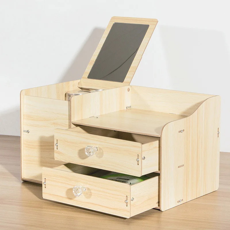 

Wood Desk Set Cosmetics Storage Box with Mirror Cover Desktop Organizer