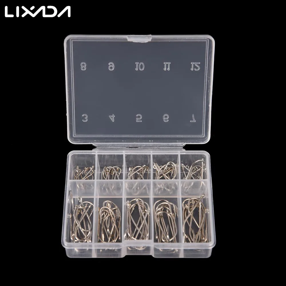 

100Pcs 3# - 12# 10 Sizes Steel Jig Hooks with Hole Fishing Hooks Stainless Steel Fishing Tackle with Box