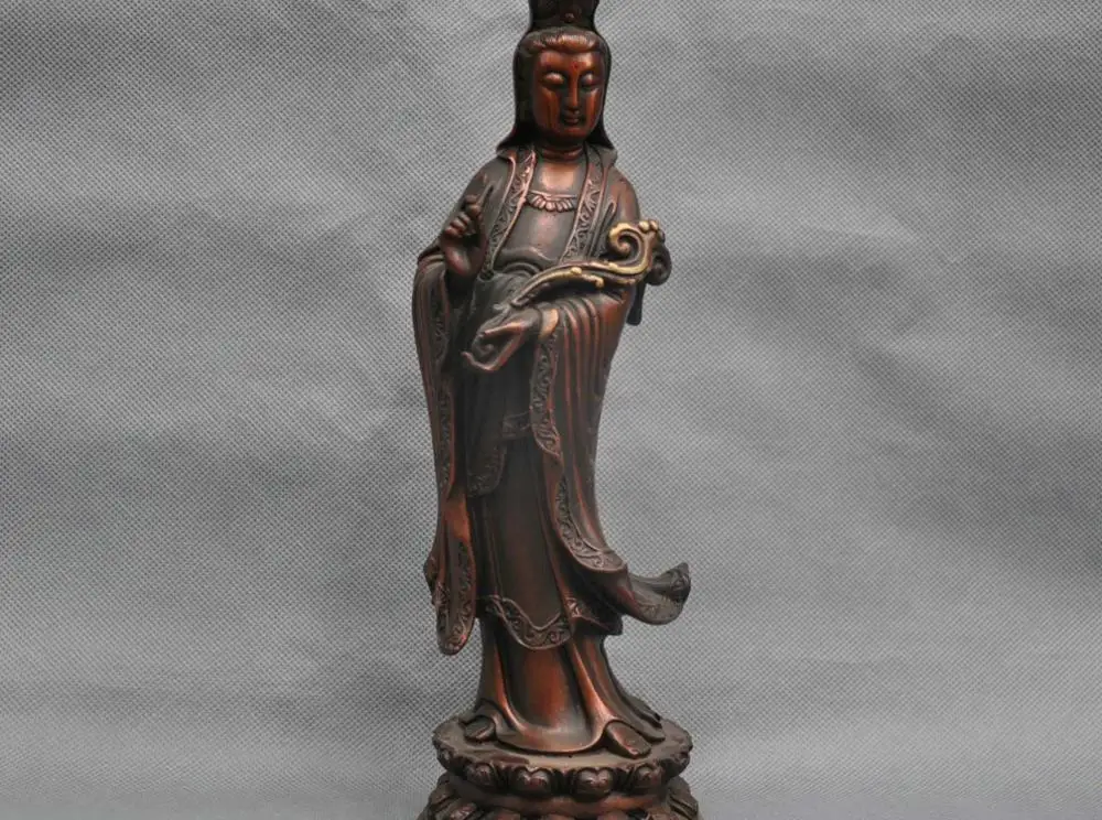 

11'' China Kwan-yin Guanyin Avalokitesvara Buddha Hold Ruyi Flower Bronze Statue