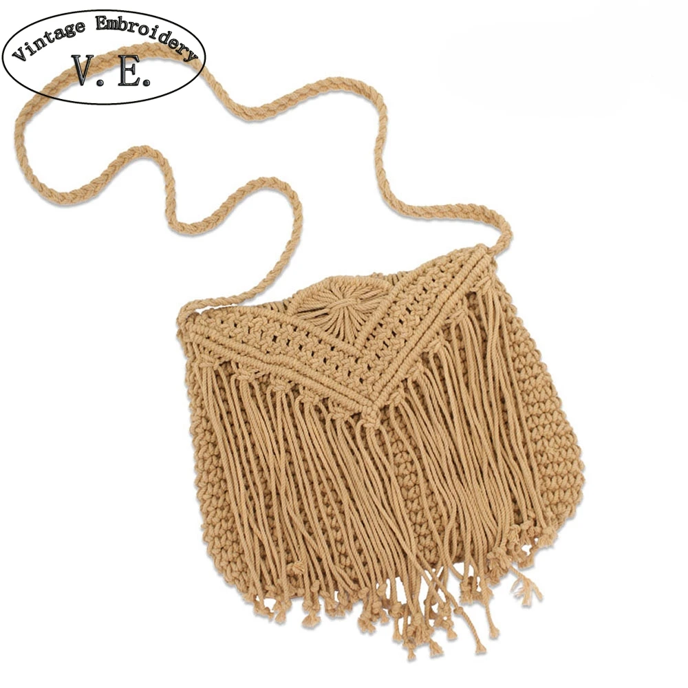 Us 16 38 47 Off Causal Women Beach Bag Handmade Crochet Braid Fringed Bags Tassels Cross Knitted Handbag Bohemian Woman Shoulder Messenger In