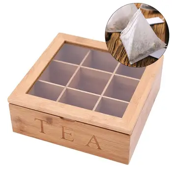 

The Bamboo Leaf Wooden Tea Storage Chest Box With 9 Compartments And Glass Window Multipurpose Organization Display Box