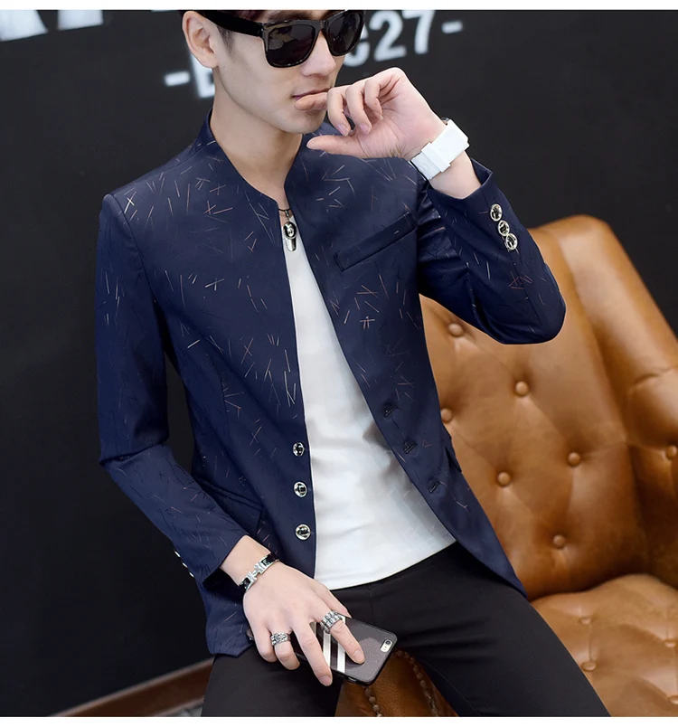 Тан для мужчин цветочный блейзер мандарин Slim Fit мужской костюм Китайский Воротник пиджак золото печати вечерние Вечеринка пиджак для выпускного плюс размеры 6xl