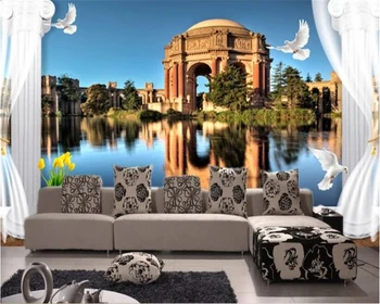 

beibehang behang wallpaper 3d custom balcony beautiful European castle landscape bedroom bedside background wallpaper home decor