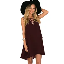 4 cores do Verão das Mulheres Sem Mangas Sexy V Neck Beach Wear Vestido de Uma Linha De Cor Sólida Solto Chiffon Vestido Bandage Plus Size tamanho S-5XL(China)