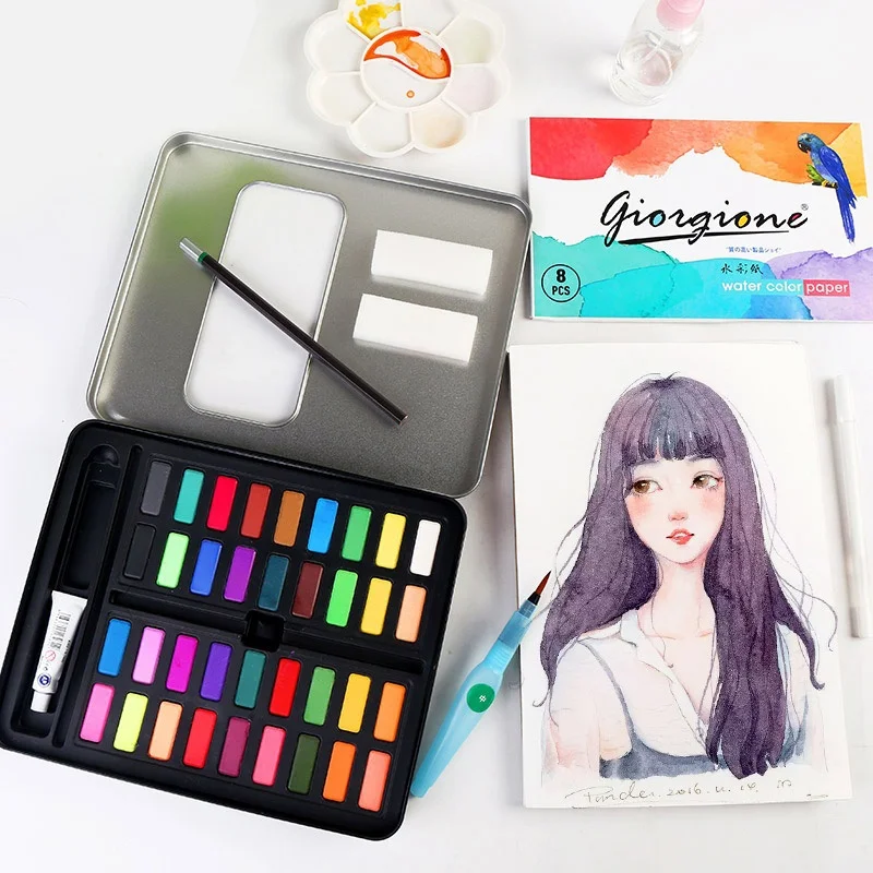 Perfect Watercolor Paint Set Art with 36 Vibrant Colors Brushes Charcoal Pencil 8PCS Paper in Metal Tin Box | Канцтовары для офиса