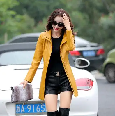 Кожаные пальто женские длинные с поясом кожаные куртки с отложным воротником Jaqueta Couro Jaqueta De Couro Feminina CJJ0018 - Цвет: yellow