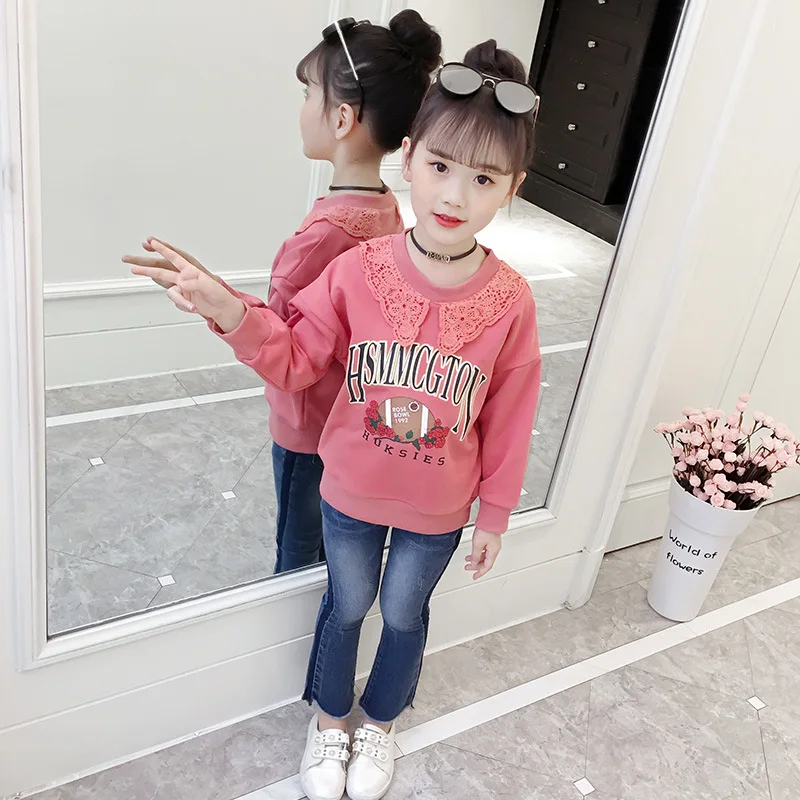 

Girls t shirt 2019 Spring toddler tshirt Cotton Baby girls top Kids clothes for girl Lace collar Girls shirts Age for 4-12y