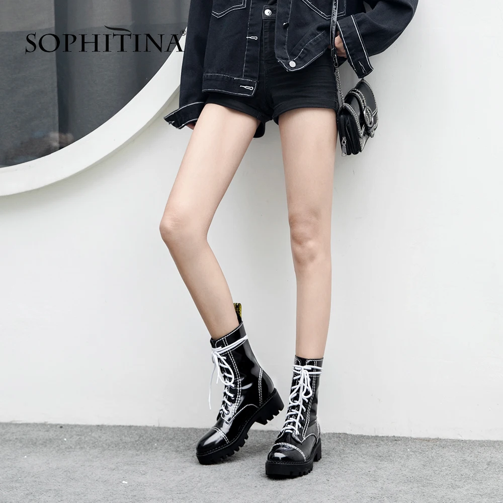 

SOPHITINA Fashion Cross-tied Boots Comfortable Round Toe High Quality Cow Leather Women's Shoes Square Heel Ankle Boots MO241