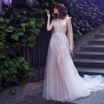 

White Ivory Graceful Aline V Neck High Slit Straps Wedding Dress Boho Sofuge Vestido De Noiva Dubai Arabic