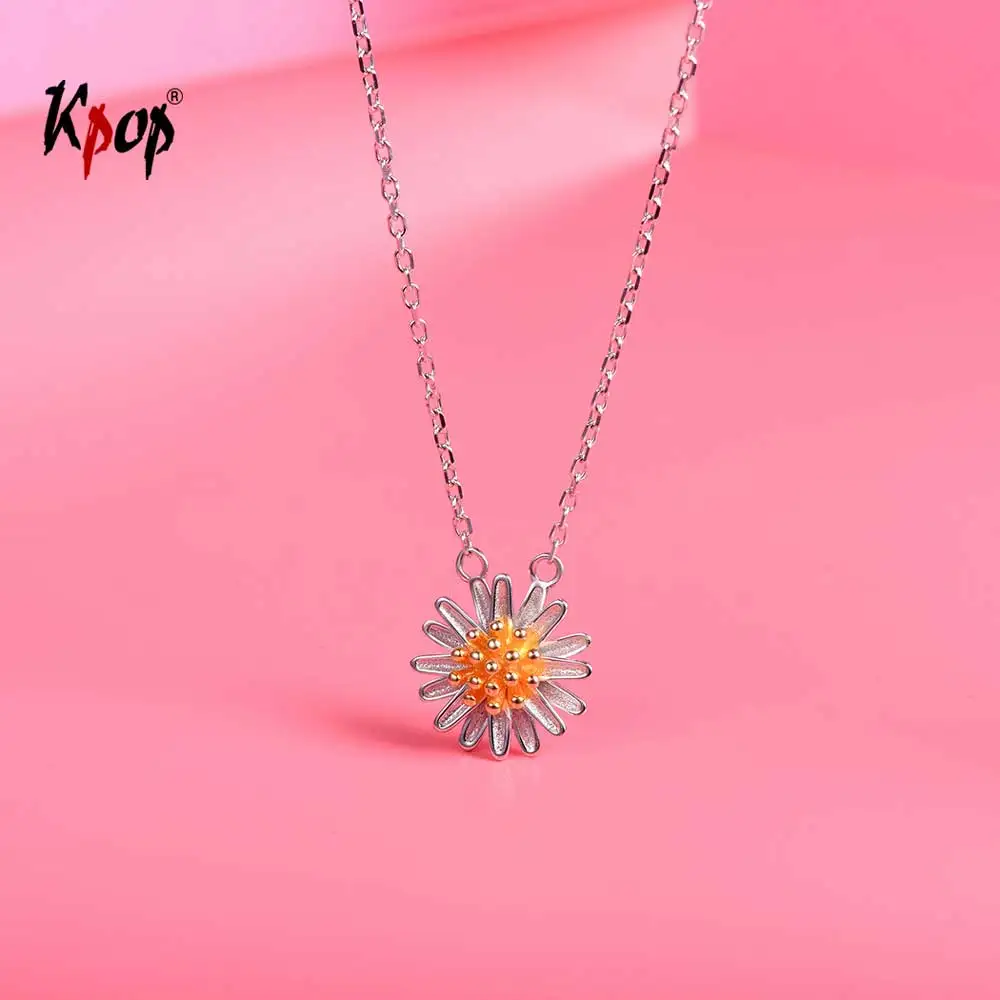 Kpop 925 серебро Маргаритка цветок ожерелья для женщин изящный маленький кулон в