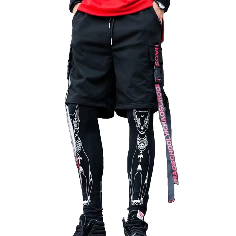 

New 2019 Side Ribbon Elastic Waist Drawstring Shorts Mens Summer Hip Hop Harajuku Pocket Harem Shorts Streetwear Black ABZ211