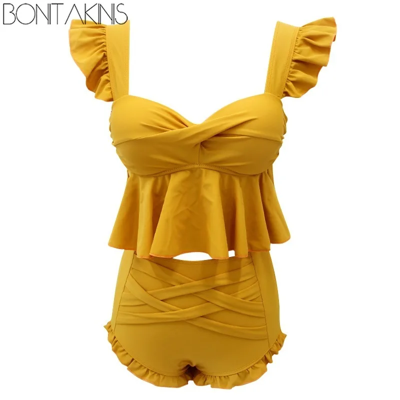 

Bonitakinis Ruffled Two Piece Swimsuit Yellow Sweet Bathing Suits Small Chest Push Up Swimwear Japanese Style Lolita Beachwear