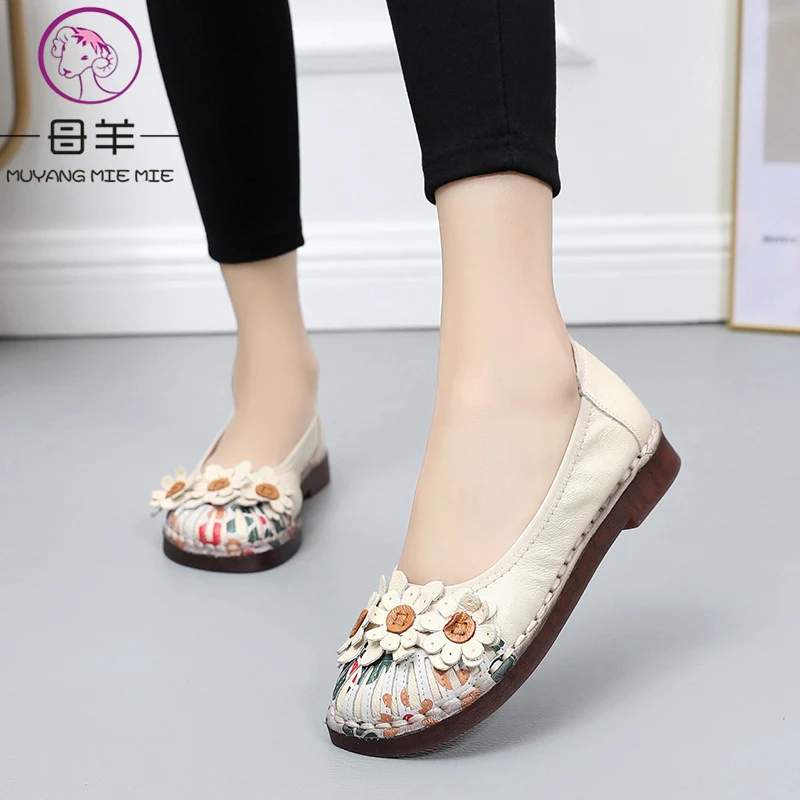 Skup MUYANG kobiety mieszkania 2019 ręcznie płaskie buty ze skóry naturalnej kobieta miękkie wygodne eleganckie buty wsuwane kobiet