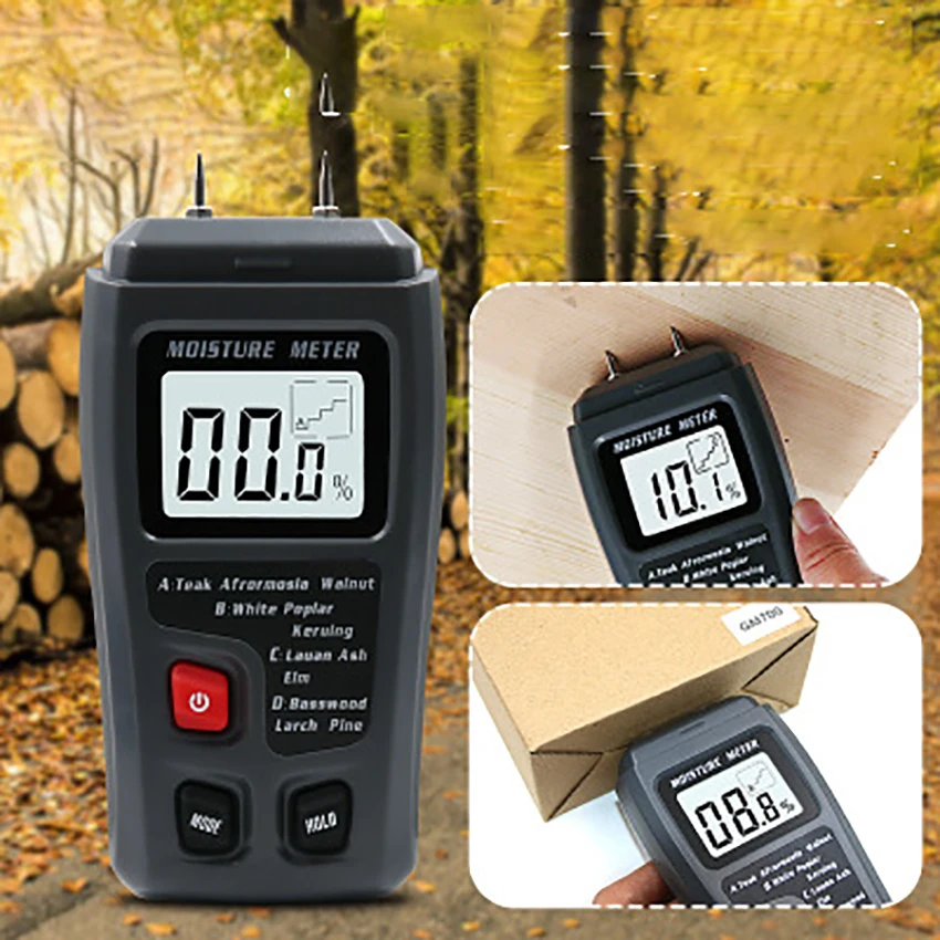 

Digital LCD Display 0-99.9% Wood Humidity Tester Wood/Floor/Carton Moisture Meter 4 Modes Two Pins Timber Damp Detector