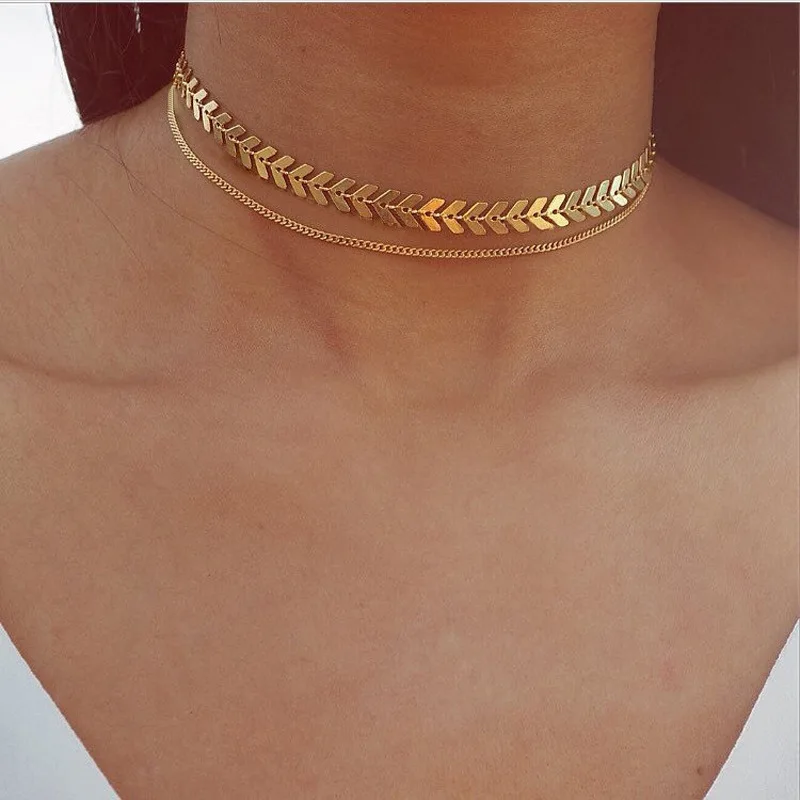 Ожерелье-чокер с блестками в форме рыбьей кости, модное короткое чокер, ожерелье для мужчин и женщин, ювелирное изделие, колье для женщин, подарок - Окраска металла: Золотой цвет